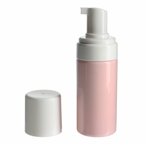 Foaming Travel Bottle 100ml, PET, Pink, Cylinder Round, Foamer Pump, 43mm - with pump cover off