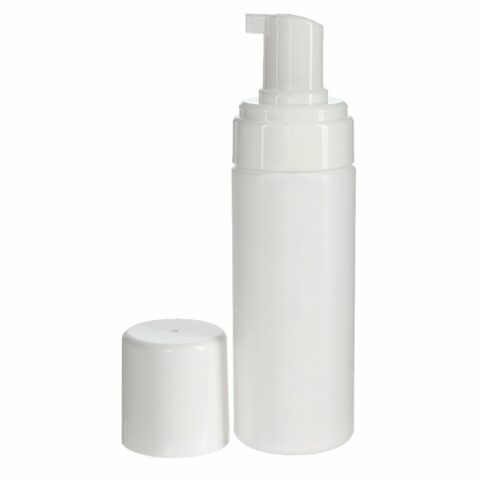Travel Size Mousse Bottle, 150ml, HDPE, White, Cyliner Round, 43mm - with pump cover off