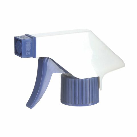 Trigger Sprayer Cap for Bottle, 28/410, Spray/Stream Nozzle, White/Blue, 0.6ml - side view