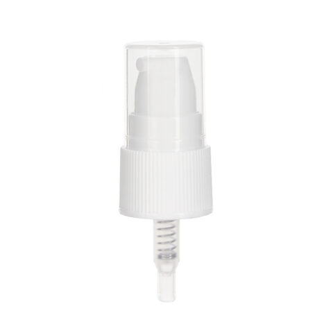 Cosmetic Bottle Treatment Pump, 20-410, Ribbed, White, Clear Hood, 0.25ml Output