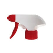 Front view of all-plastic foam trigger sprayer with plastic mesh nozzle, white and red color, 28-410 neck, 1.3 ml output