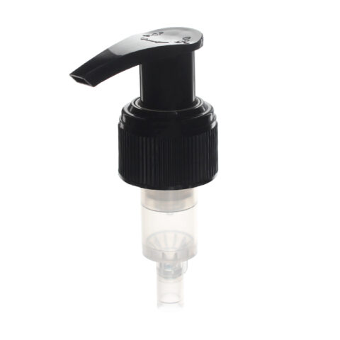 24-410 Black Lotion Pump, Lock Up, Ribbed, Spring Outside, 2ml Output - top view - NABO Plastic
