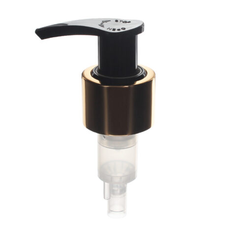 24-410 Gold Lotion Pump, Aluminum Closure, Lock Up, Spring Outside, 2ml Output - NABO Plastic
