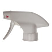 Front view of white foam trigger sprayer with flip-open triangular nozzle, 28-400 neck, 1.4 ml output
