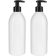 two white HDPE bottles with black lotion pumps