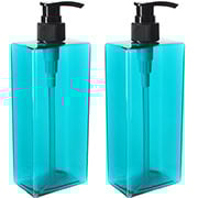 two light blue PETG bottles with black lotion pumps