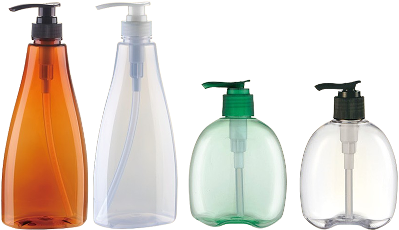 two higher lotion pump bottles with longer dip tube and two shorter lotion pump bottles with shorter dip tube